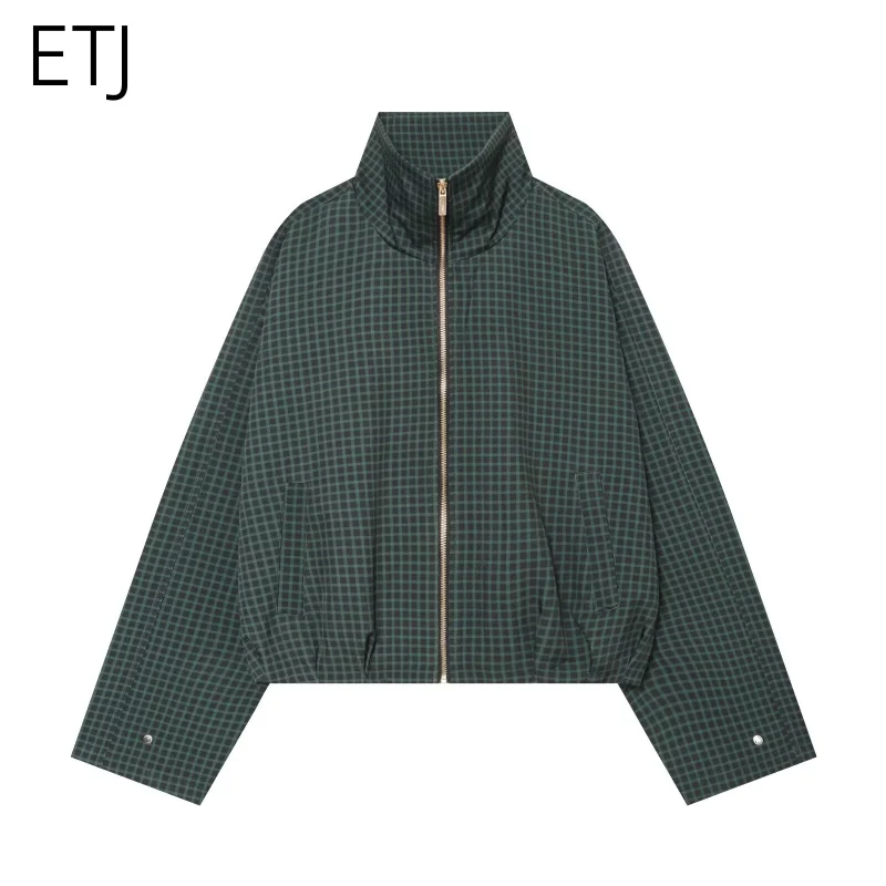 ETJ 2026 Damen Rote Karierte Harrington-Jacke, Kurz Geschnitten, Oversized, Stehkragen, Reißverschluss, Racer-Mantel, Vintage-Gittermuster, Streetwear-Oberbekleidung – Detail 12