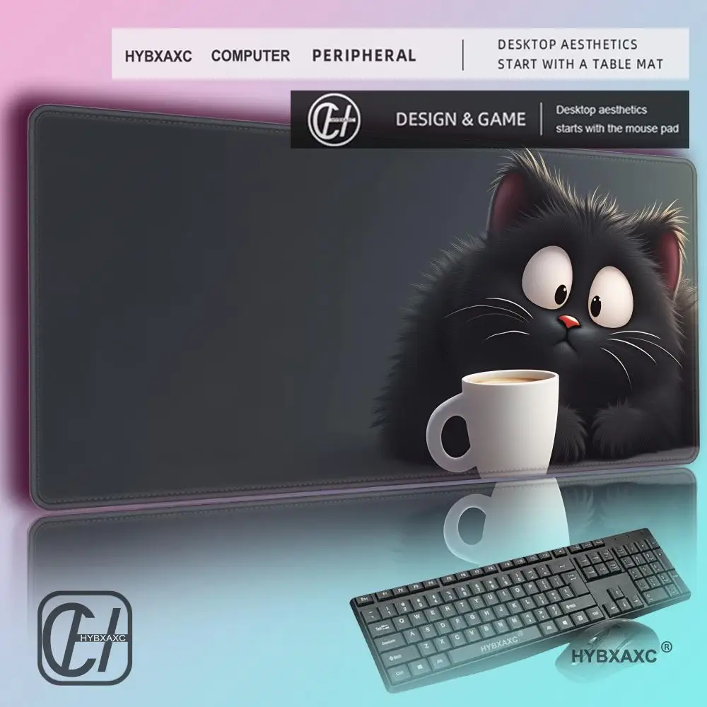 

HYBXAXC Gaming MousePad Cute Black Cat Coffee Design Non-Slip Rubber Base Washable Computer Desk Accessory for PC Game Office