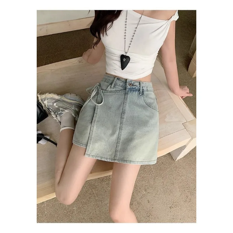 Amerikaanse denim shorts met hoge taille voor dames Nieuw zomerontwerp A-lijn wijde pijpen nep tweedelige rokbroek