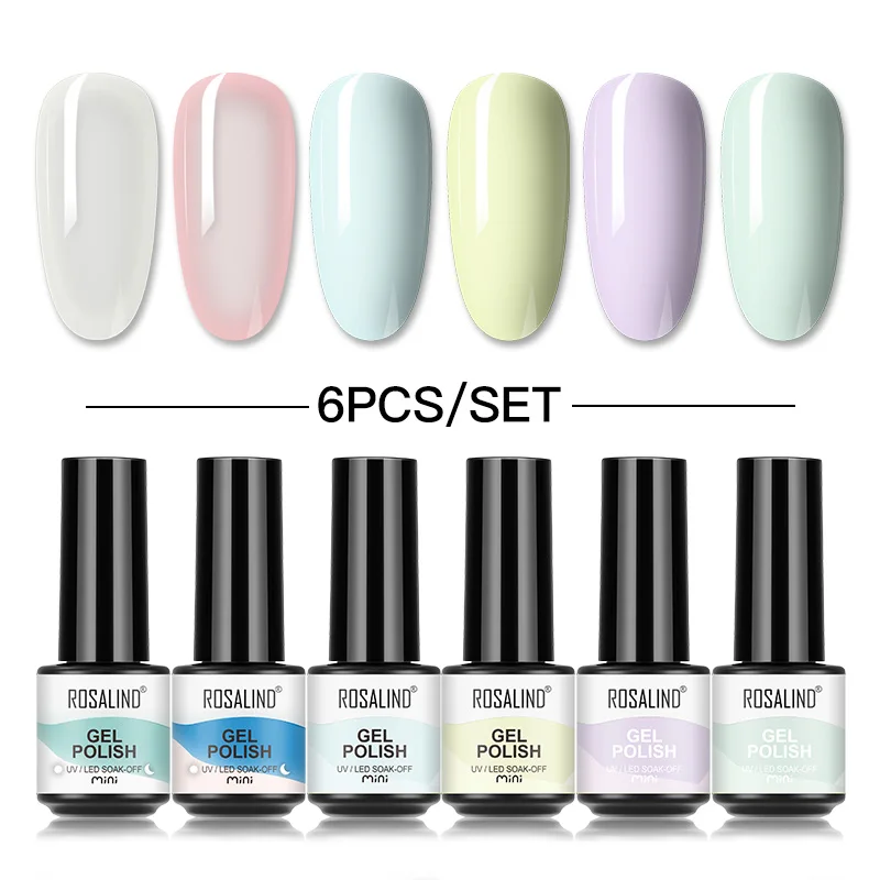 ROSALIND Gel Nail Polish 6PCS Set UV Gel Semi Permanent Varnishes Base Top Coat Macaron Effect Nail Art Design Salon/DIY Gift