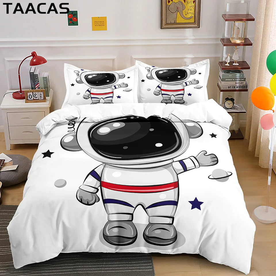 Cartoon Graphic Bedding Set For Boys 3D Cute Astronaut Car Children Duvet Cover Pillowcase Single Full Double King Size Bed Set