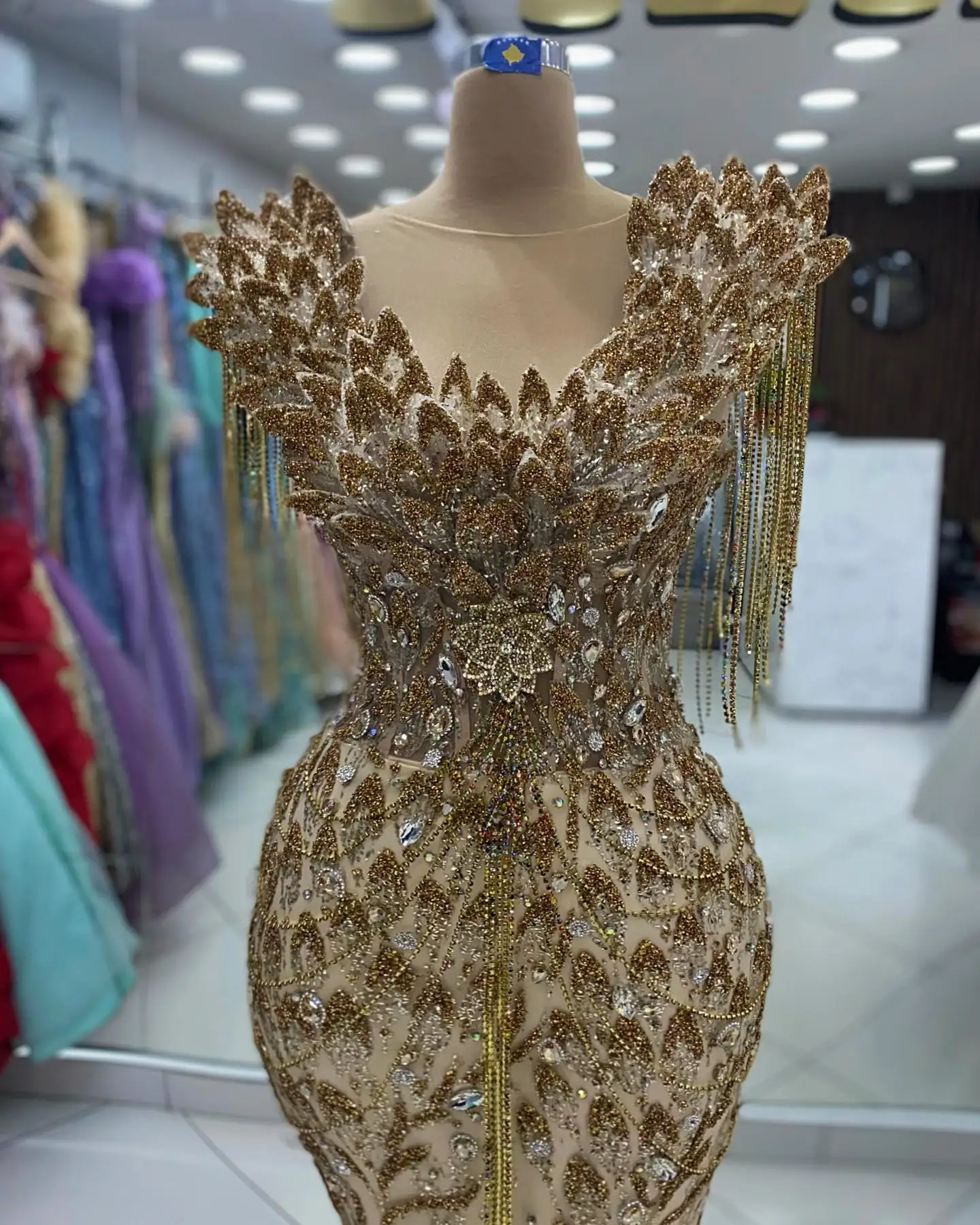 Dubai Woman Gold Mermaid Formal Evening Dresses Beaded Tassel 3D Appliques Wedding Party Gown Celebrity Ceremony Dress Prom Robe