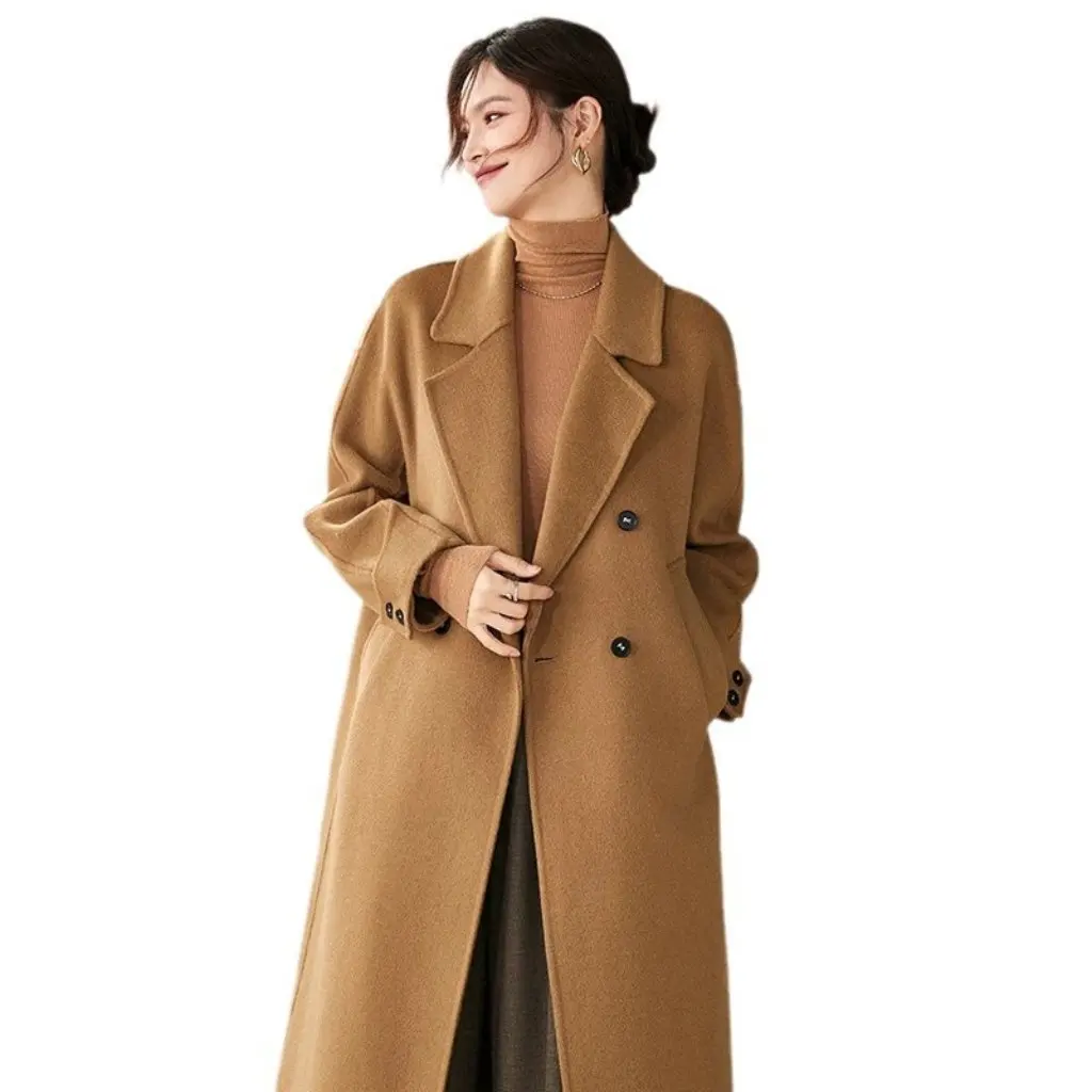 

Женское красное шерстяное пальто средней длины, элитный костюм с воротником на осень/зиму, модная и стильная верхняя одежда