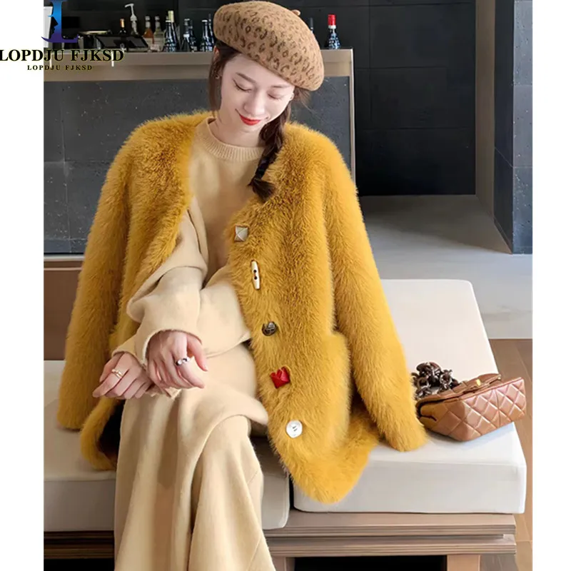 

Faux Mink Fur Coat for Women, Single Breasted Jacket,England Style Outwear,O-Neck, Quilted Thick Furry, Autumn and Winter