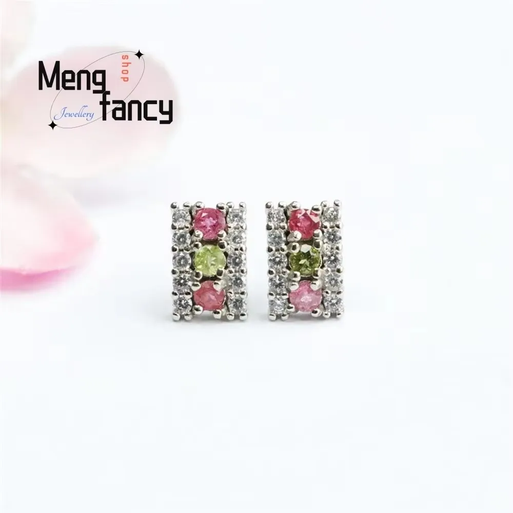 

S925 Silver Pin Natural Tourmaline Earrings Square Earrings Hooks Colourful Exquisite Simple High-grade Luxury Fashion Jewelry