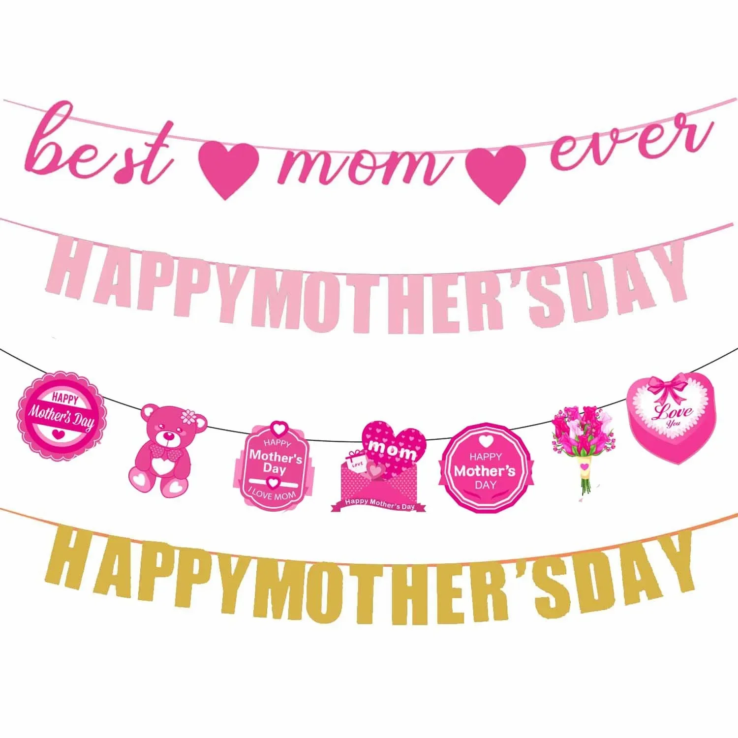 Sweet Pink Happy Mother\'s Day Theme Party Banners I Love You Mom Balloon Hanging Swirls for Mother’s Day Party Decorations