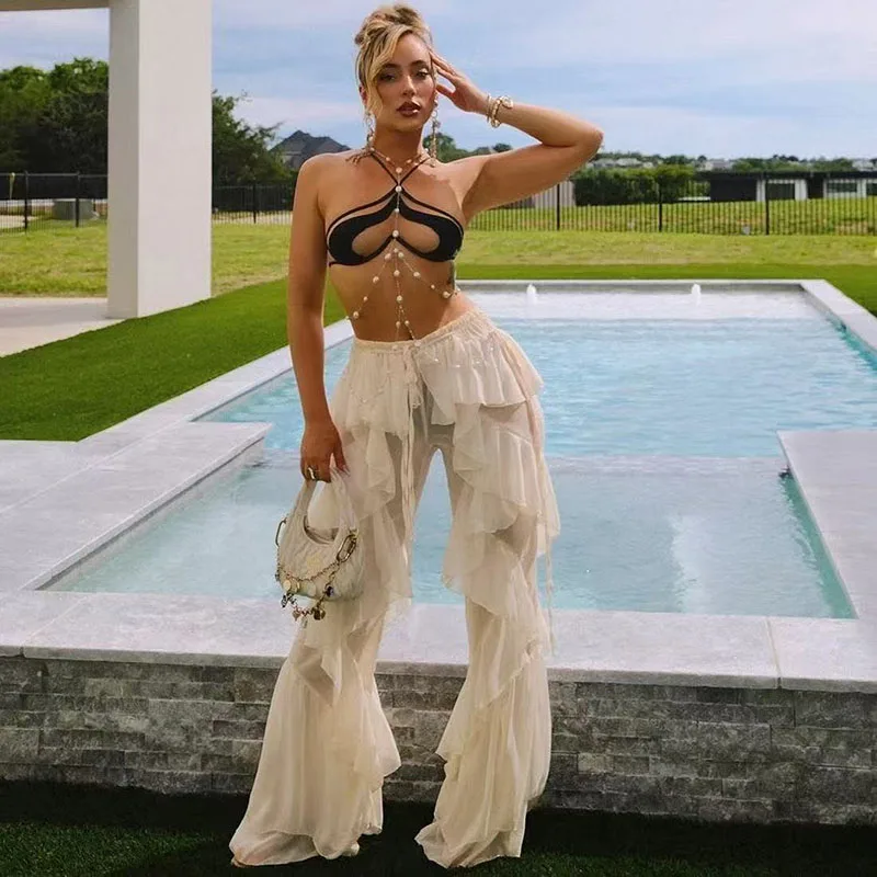 

Iamhotty European and American Ruffle Mesh Cake Pants See-Through Light and Comfortable Casual Pants