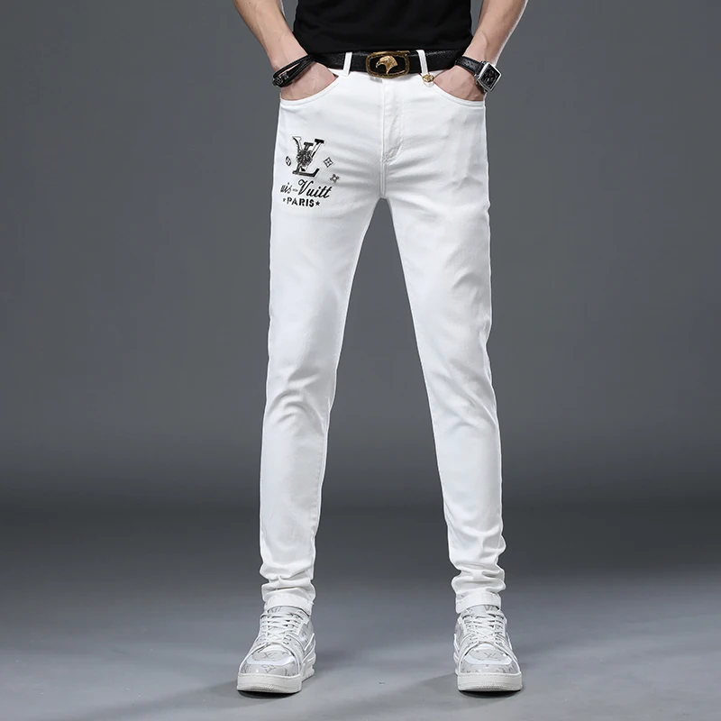 

White Slim Fit Stretch Casual Jeans Men's Trendy Brand Elastic Cotton Denim Pants Autumn 2025 European Sle Printed Long Tro...