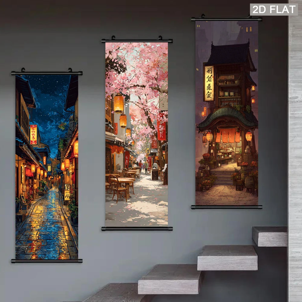 VIKAMA Japanese Old Town Cherry Blossom Scroll Tapestry, Anime Lantern Town Street Wall Art, Aesthetic Room Decor Wall Hanging