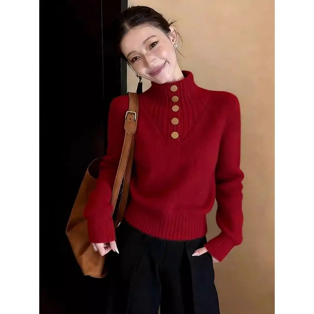 Kimutomo 2026 Winter New Apricot Half Turtleneck Knit Sweater Women High End Versatile Design Top
