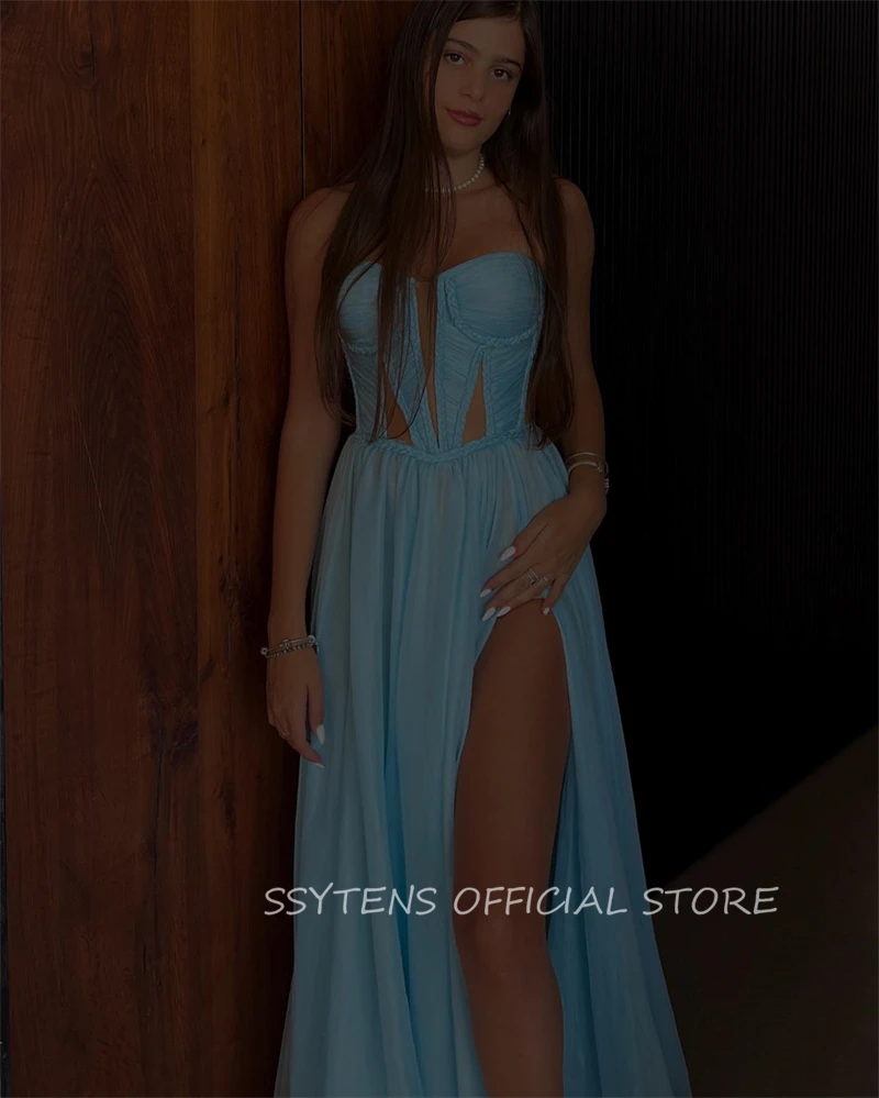 Sexy Illusion Beach Prom Gowns Sky Blue Sweetheart A Line Vestidos Para Mujer Miękka szyfonowa suknia dla kobiet платье вечернее