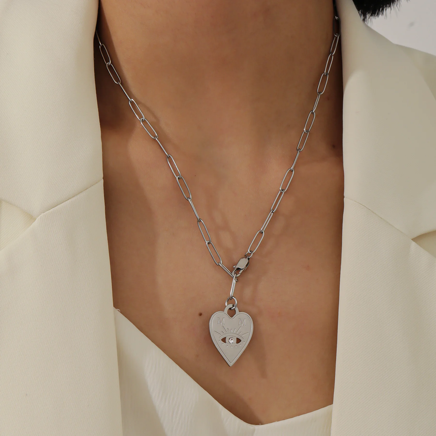 

Custom Initials Evil Eye Necklace Hollow Heart with Mystic Eye Texture Zircon Pupil Stainless Steel Couple Gift for Lover