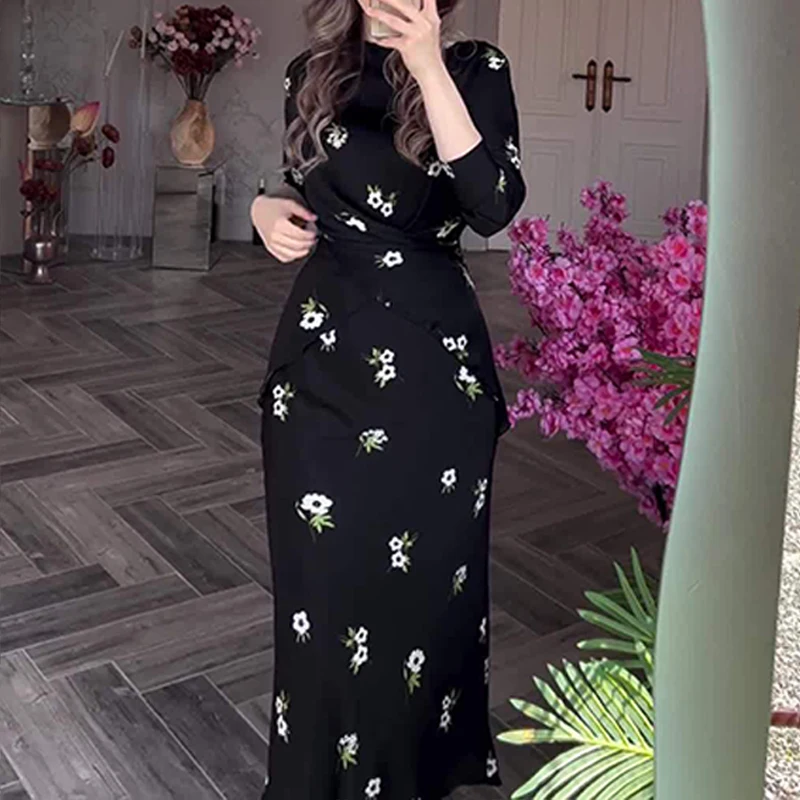 

OMSJ Simple Temperament Floral Printed Nine Quarter Sleeve Blouse And Mid Length Half Skirts Lady Date Office Two-pieces Outfits