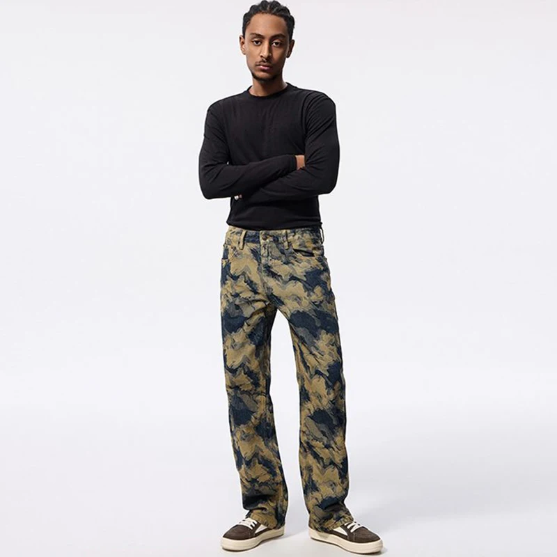 

Men's Jacquard Weave Denim Jeans Loose Straight Denim Cotton Pants Streetwear Vintage Pattern Print Trousers