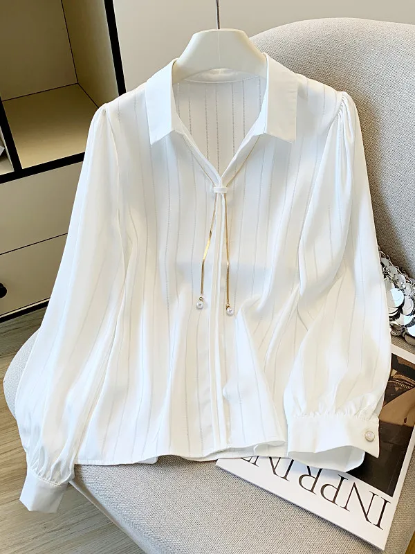 

Korean Style Satin Striped Loose Fit Long Sleeve Women's Shirt Autumn Winter New Arrival Fashionable Top Small High End...