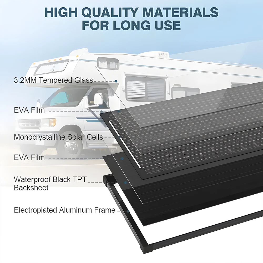 WERCHTAY 200 واط لوحة شمسية أحادية البلورية سوداء عالية الكفاءة مع تقنية مخفية بسبار لشاحنات RVs والمركبات والطاقة المنزلية