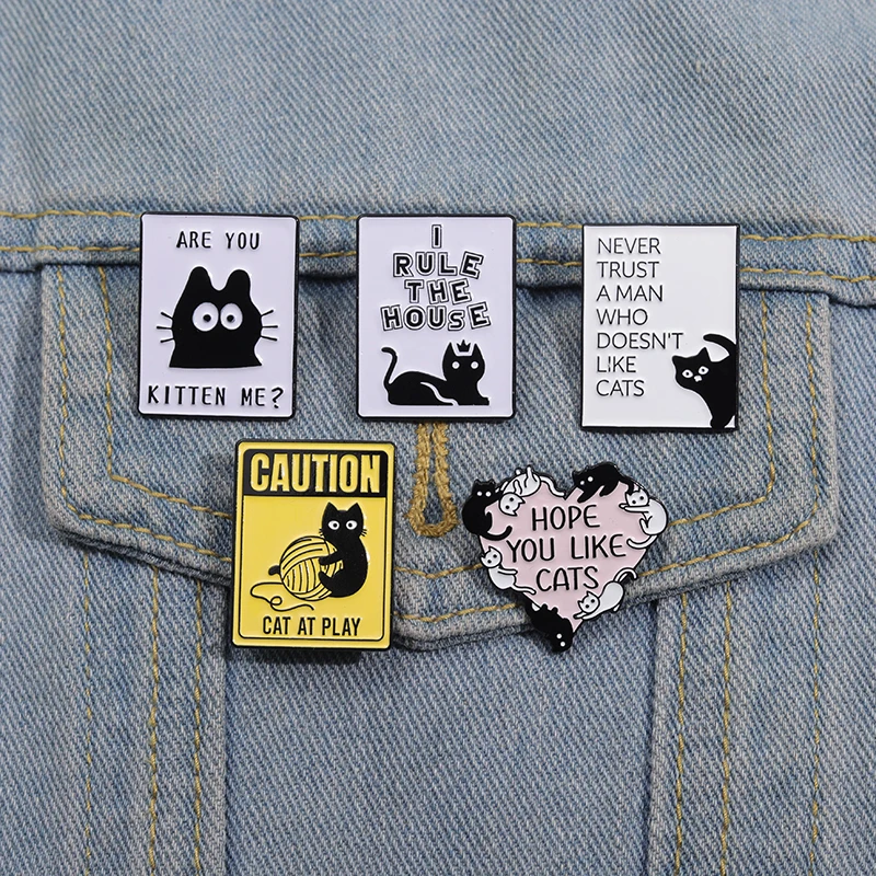 Cartoon Animal Cats Enamel Pins Cute Black Kitten at Play Brooches Accessories Lapel Badge Backpack Clothes Jewelry for Gift
