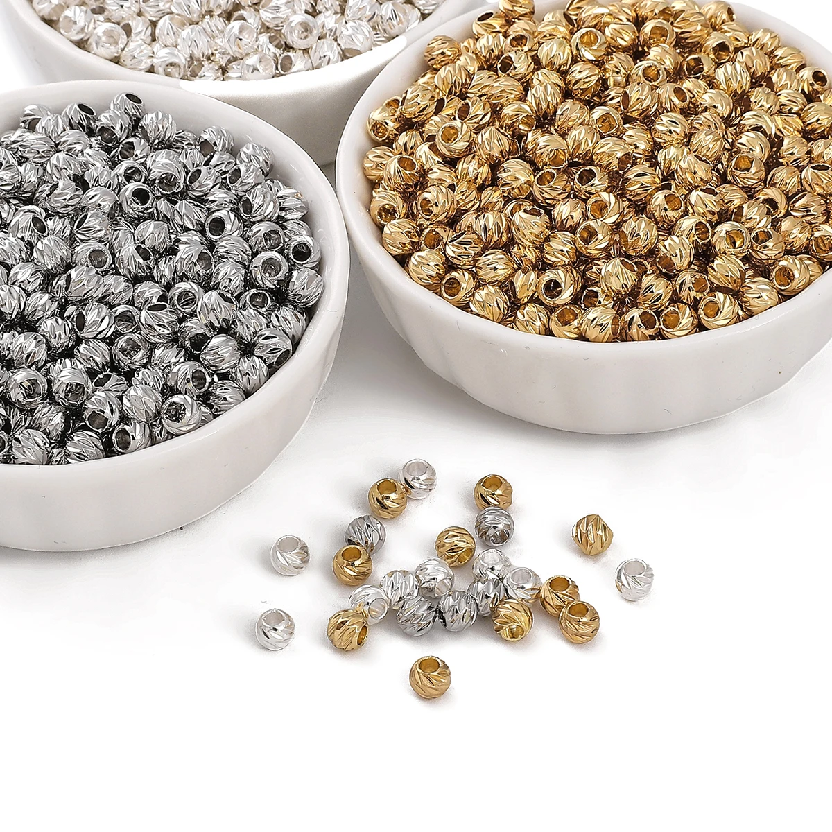 Round Carved 3mm 4mm 5mm Gold Color Silver Color Plated Brass Metal Loose Spacer Beads For Jewelry Making