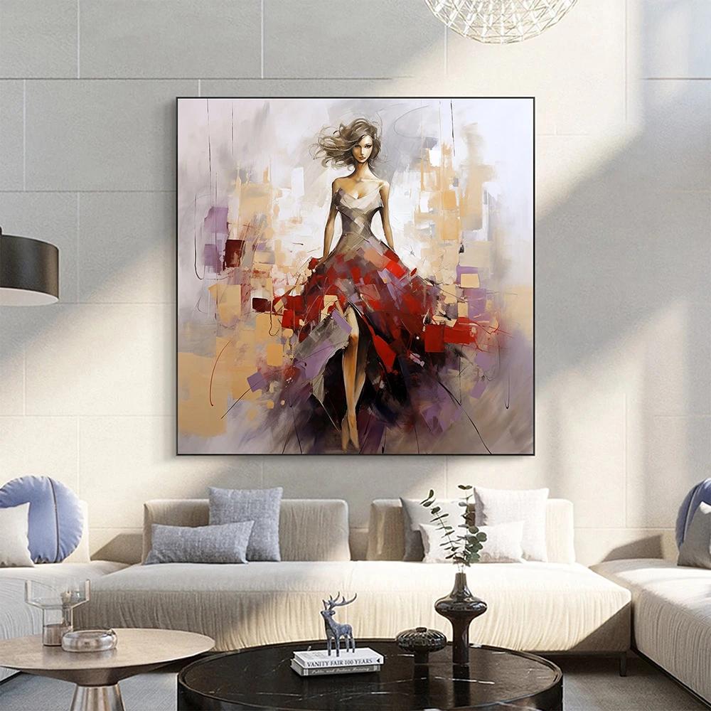 Hand Painted Oil Painting Abstract Beautiful Girl Oil Painting Original Portrait Art Red Wall Art Living Room Home Decor