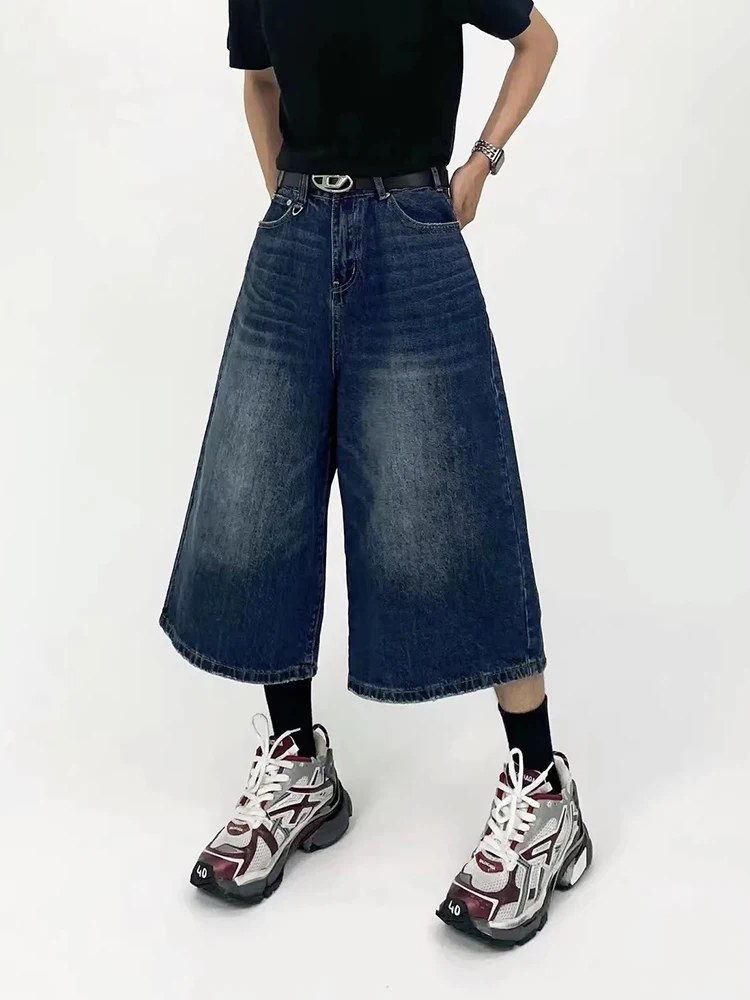 REDDACHiC Men's Wide Leg Bermuda Pants Skater Casual Whiskers Straight Wide Leg Low Waist Capri Denim Shorts Vintage Streetwear