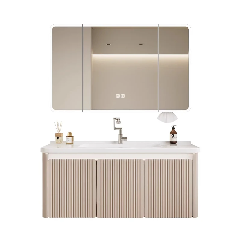 

Cream wind oak paint door aluminum honeycomb bathroom cabinet toilet ceramic integrated basin washstand bathroom cabinet