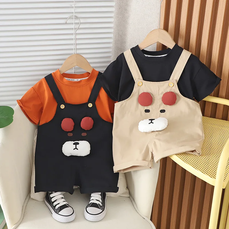 New children Korean version of handsome boy summer stereoscopic bear face with short sleeve suit boy summer short sleeve suit