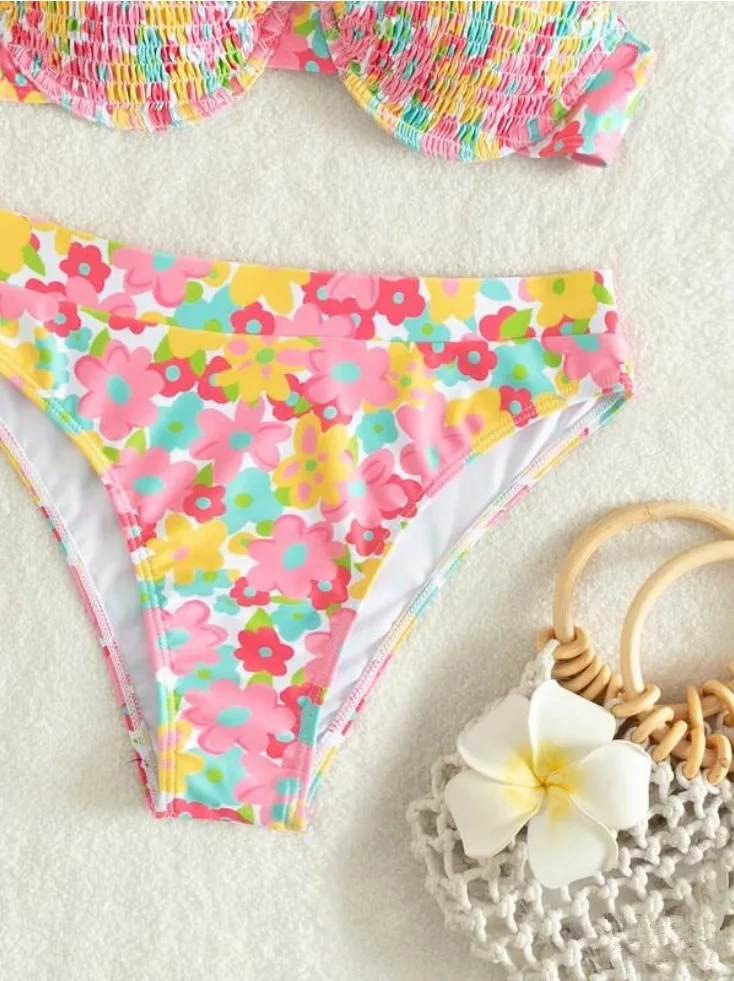 Maillot de bain à imprimé floral pour femmes, ensemble deux pièces, soutien-gorge push up, culotte tanga, sexy, smocké, vêtements de plage, nouvelle