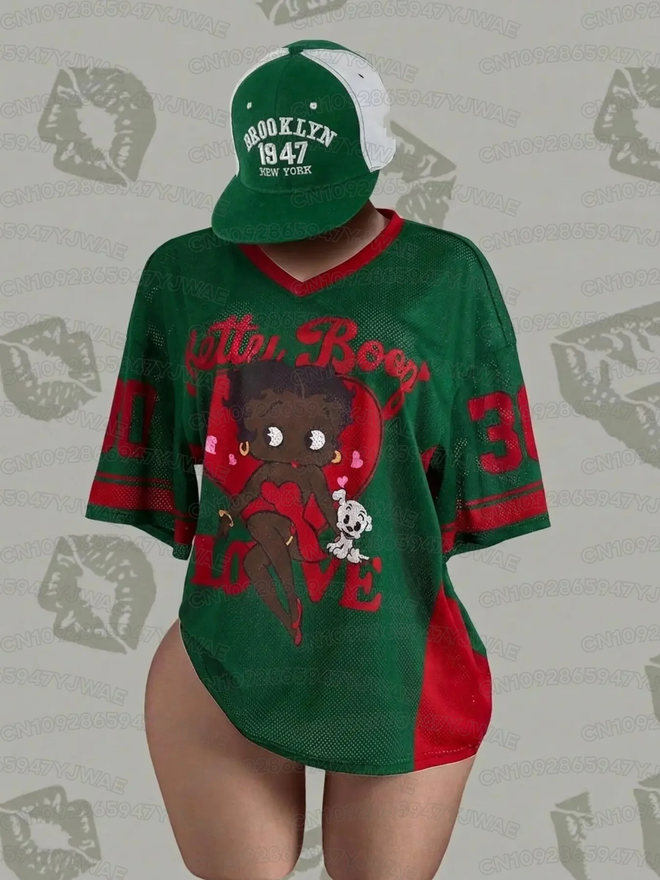 Summer Women's Men's Cartoon Betty Boop Print V-neck Graphic Tee Soccer Jersey Plus Size Sport T-Shirt Tops Short Sleeve T-Shirt