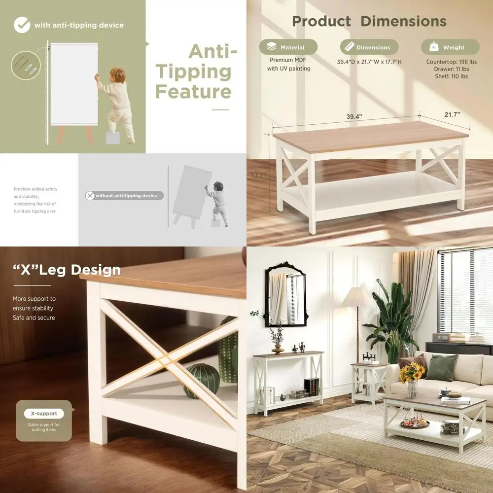 

Журнальный столик цвета слоновой кости для гостиной с полкой для хранения