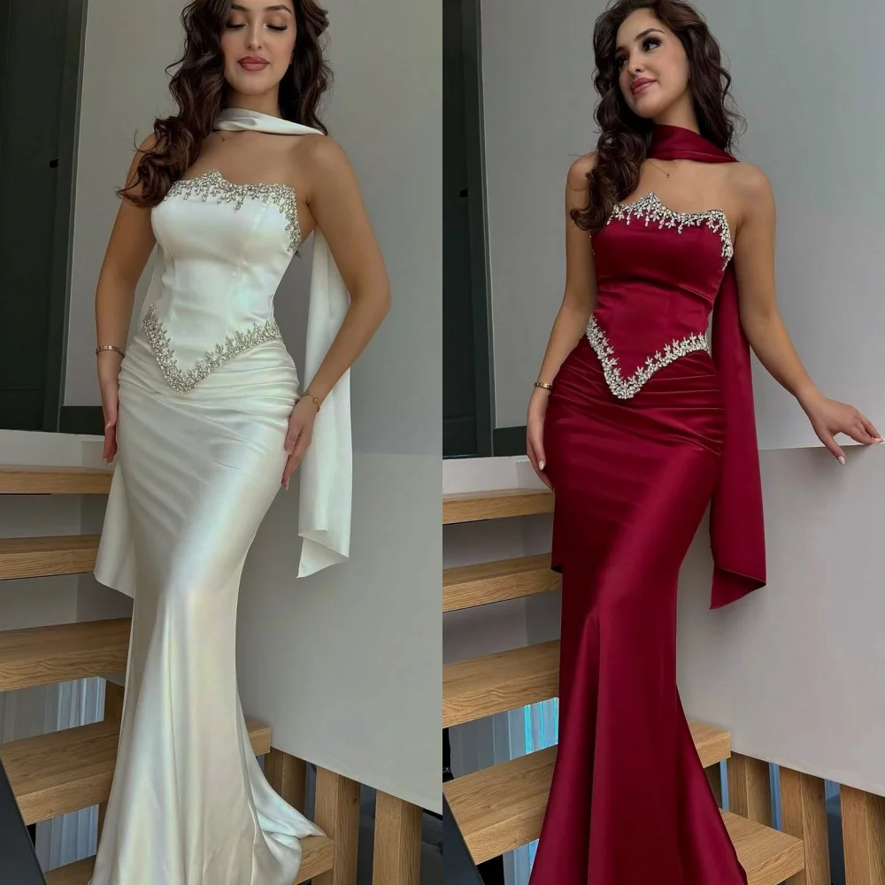 

Индивидуальные вечерние платья Charmeuse со складками и блестками, длинные платья русалки без бретелек Quinceanera, современный стиль на заказ