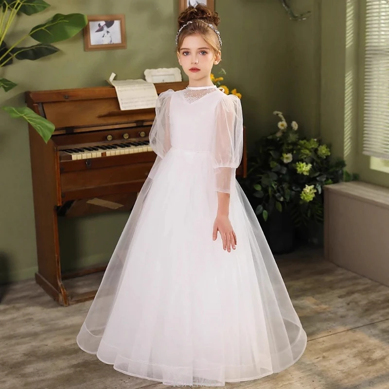 Girls Party Dresses Long Dress White Tulle Host 3/4 Sleeve Birthday Gown Clothes Princess Dress Costume Children Performance