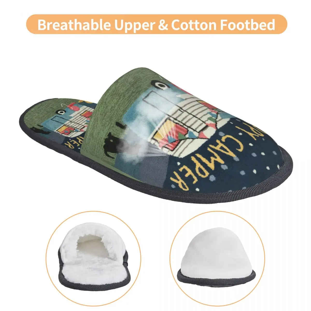 Custom Adventure Travel Happy Camper Memory Foam Slippers Women Comfy Warm Cartoon RV Camping House Slippers