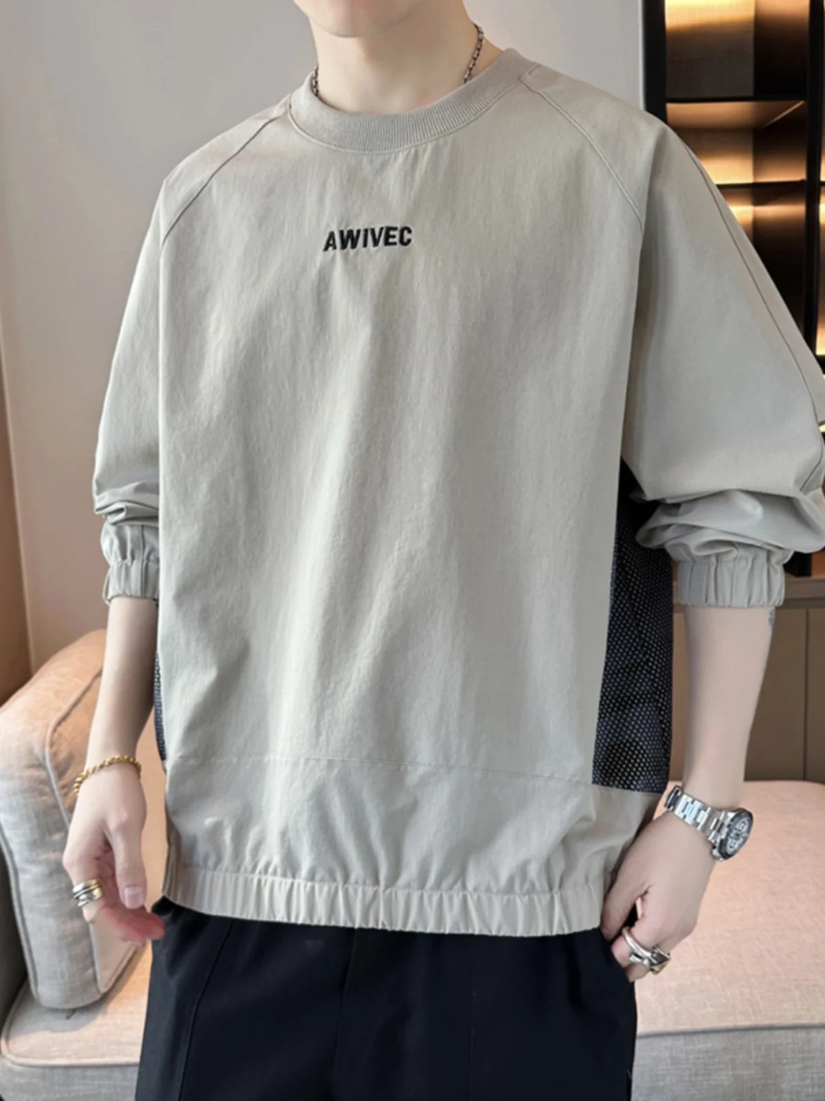 

Loose Long Sve round Ne Men's Hoodie Spring Autumn Faionable Trendy T-irt Casual Wear Polyester Nylon Blend