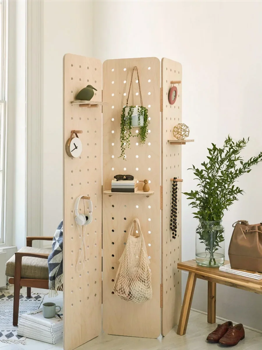 Wooden screen folding vertical partition, storage hole board display floor rack, simple art