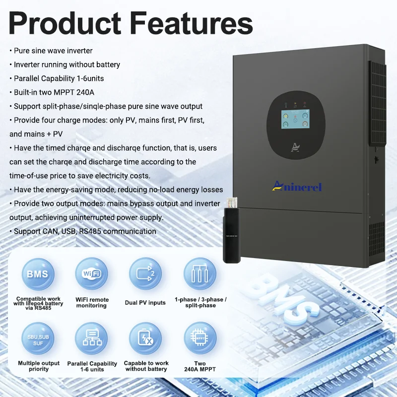 Aninerel Split Phase 120V/240VAC 7.2KW 12KW Hybrid Solar Inverter Built-in 2 MPPT 48V-100AH LiFePO4 Battery Rack-mounted Solar Storage Home Battery Built-in BMS 6000+ Cycles US In Stock