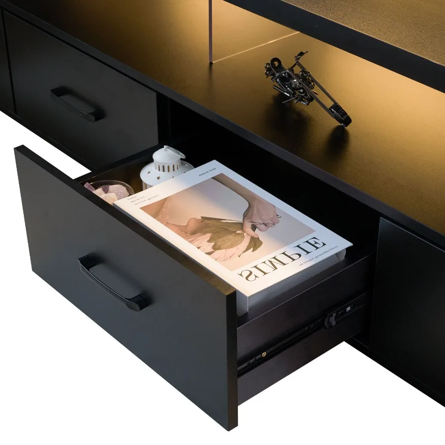 حامل تلفزيون بأربعة أدراج للتلفزيون حتى 80 بوصة، خزانة ذات شاشة مسطحة، باب غرفة المعيشة، تخزين مركز الترفيه، أسود #5