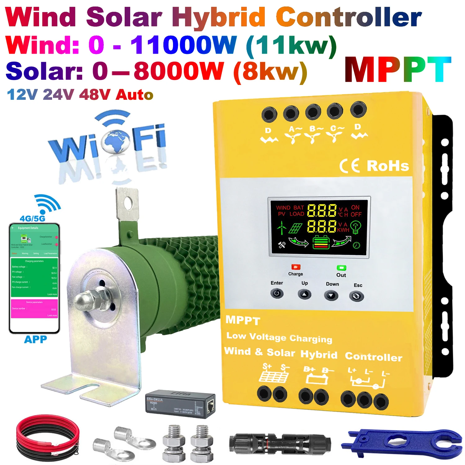 5000W 8000W 11KW 12V24V48V MPPT Upgraded Hybrid Solar Controller Wind Turbine With WiFi Lifepo4 Full Battery ,With LED Display