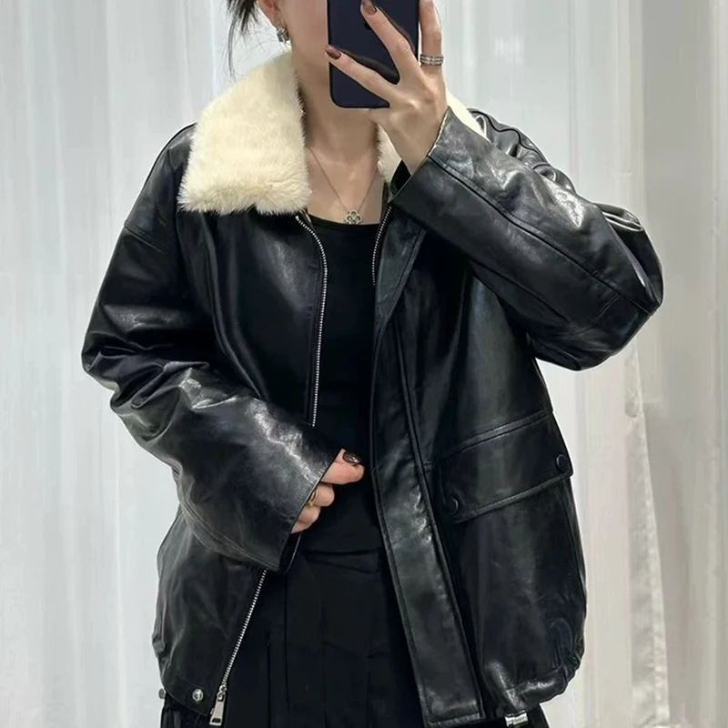 Doudoune en cuir marron hiver dames de luxe col de fourrure de vison 90 duvet d'oie blanche ample chaud cireux manteau en peau de mouton Doudoune Femme