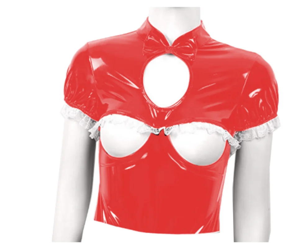 Sexy Short Sleeved Body Shaping Clothes Pvc White Lace Hollowed Out Open Chest Sexy Crop Top Sissy Bow Neck Customized