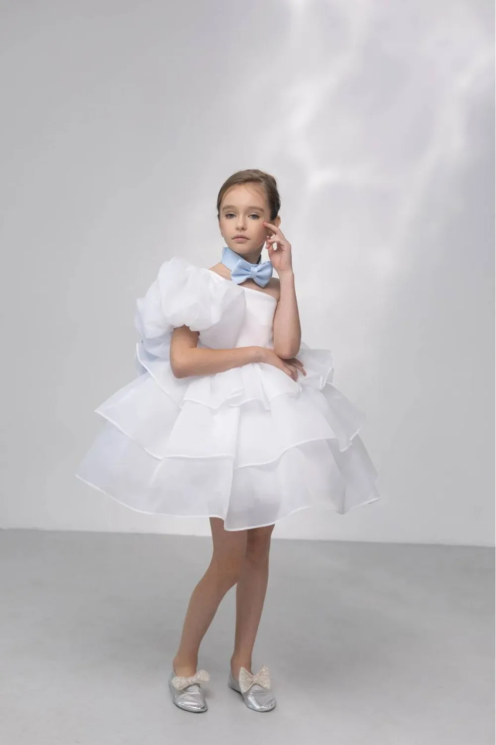Falda abullonada con pajarita blanca, traje de bautismo para niños, precioso vestido de princesa de actuación navideña para niñas de 1 a 14 años, niña de las flores w