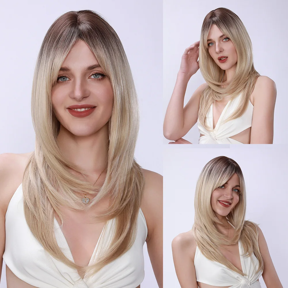 

European and American women's wig full head hairstyle eight-character bangs natural gradual change light gold wig hair tail laye