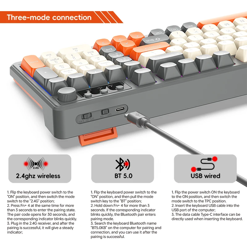 KB98 Keyboard mekanis nirkabel, struktur Gasket, RGB, keycaps ergonomis, peralihan tiga mode menghubungkan 98 tombol
