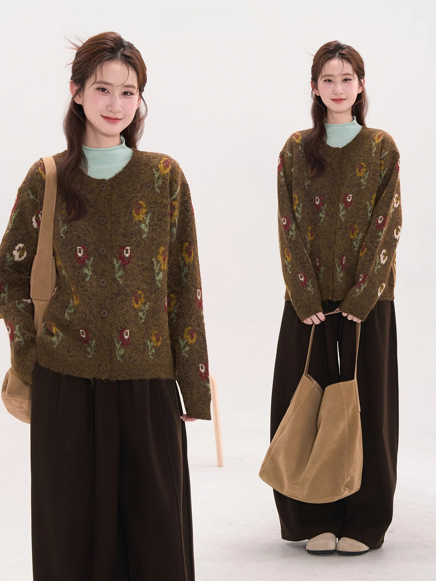 

Женский вязаный кардиган Heme 5 из шерсти, утепленный, с цветочным узором, осенне-зимний, для повседневной носки, с круглым вырезом, длинный рукав