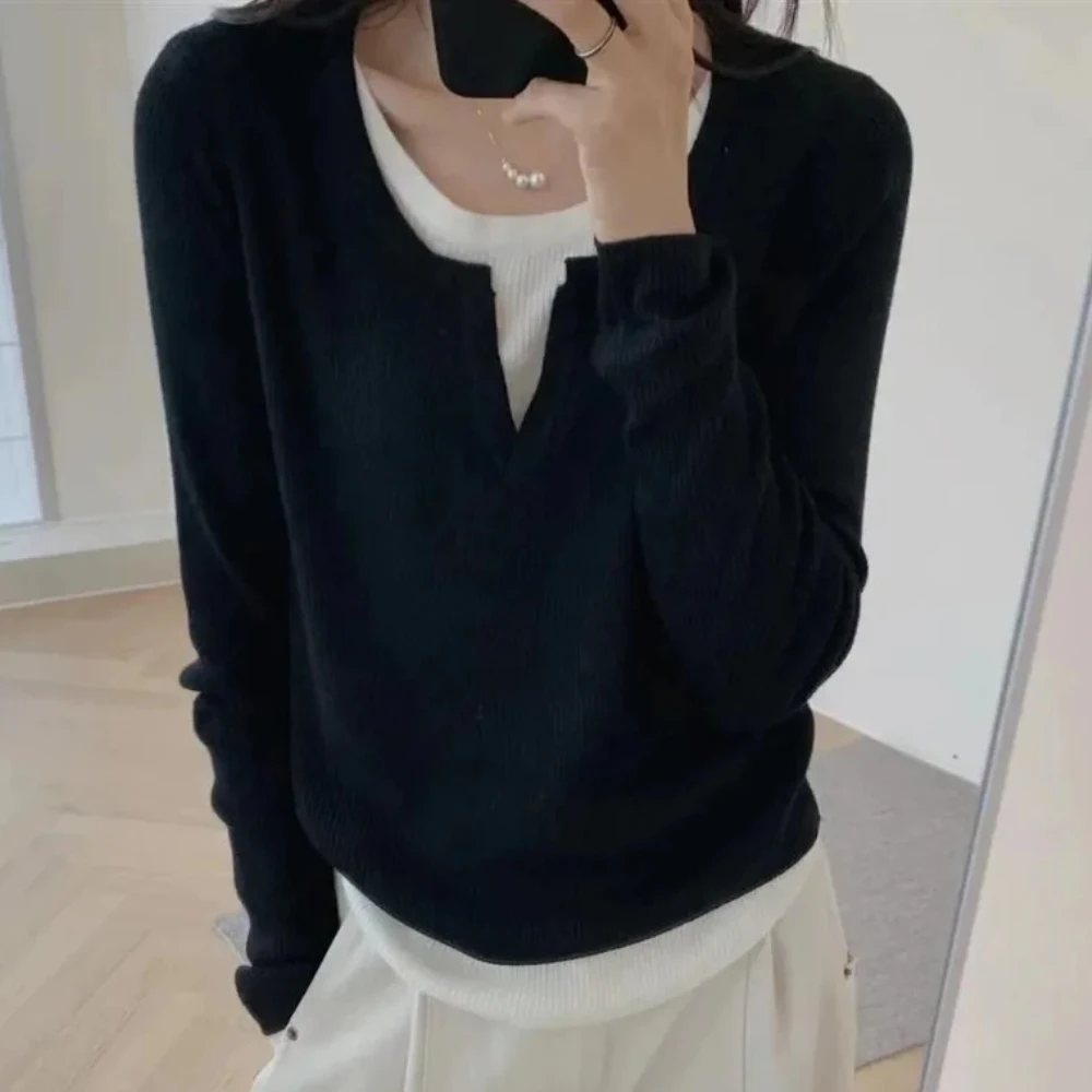 Женская черная двухсекционная футболка с длинными рукавами 2XL, осенние топы в корейском стиле, нерегулярные утягивающие базовые топы