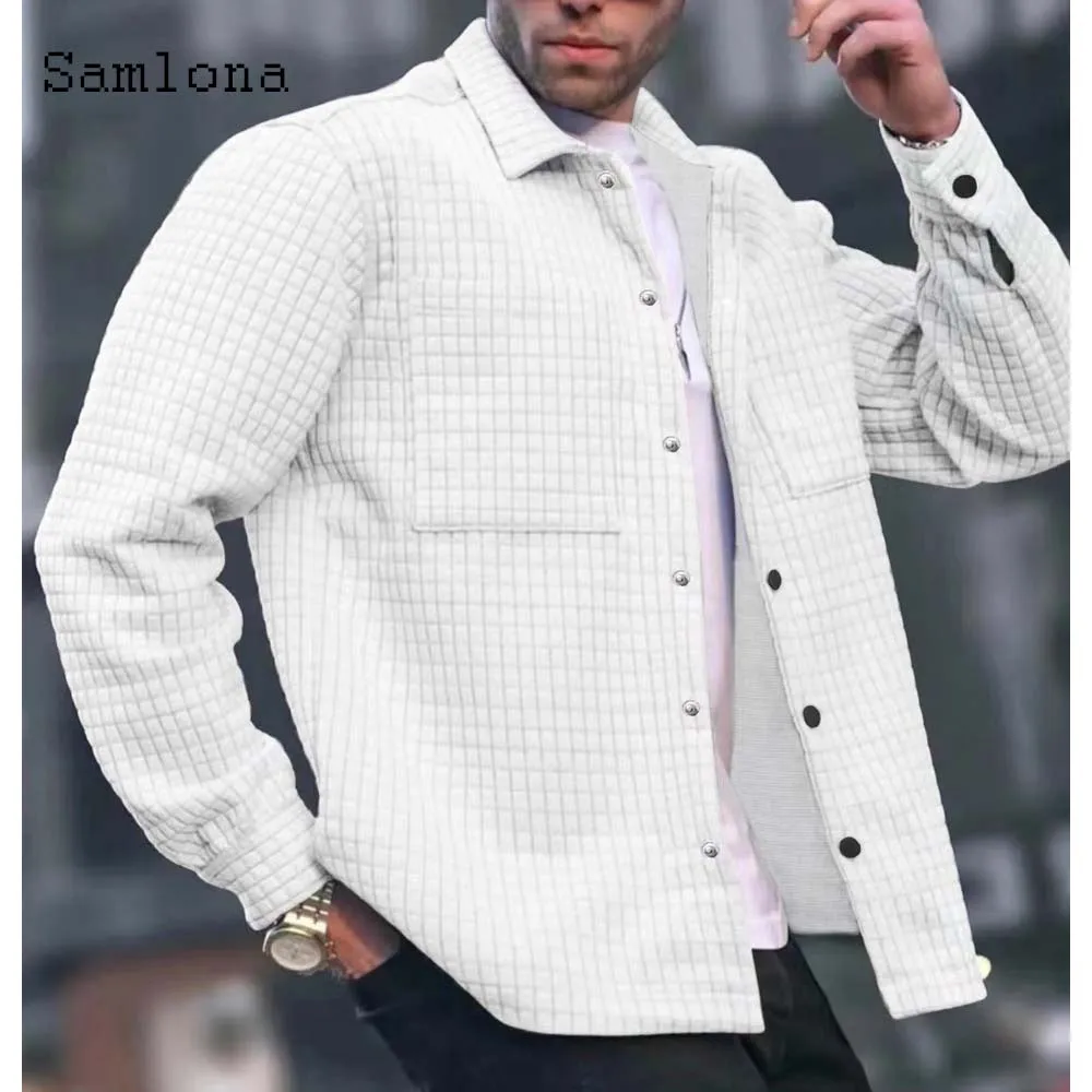 

Samlona Plus Size Men Fashion Leisure Plaid Jackets Mens Vintage Street Tops Outerwear 2023 New Outdoor Autumn Waffle Jacket