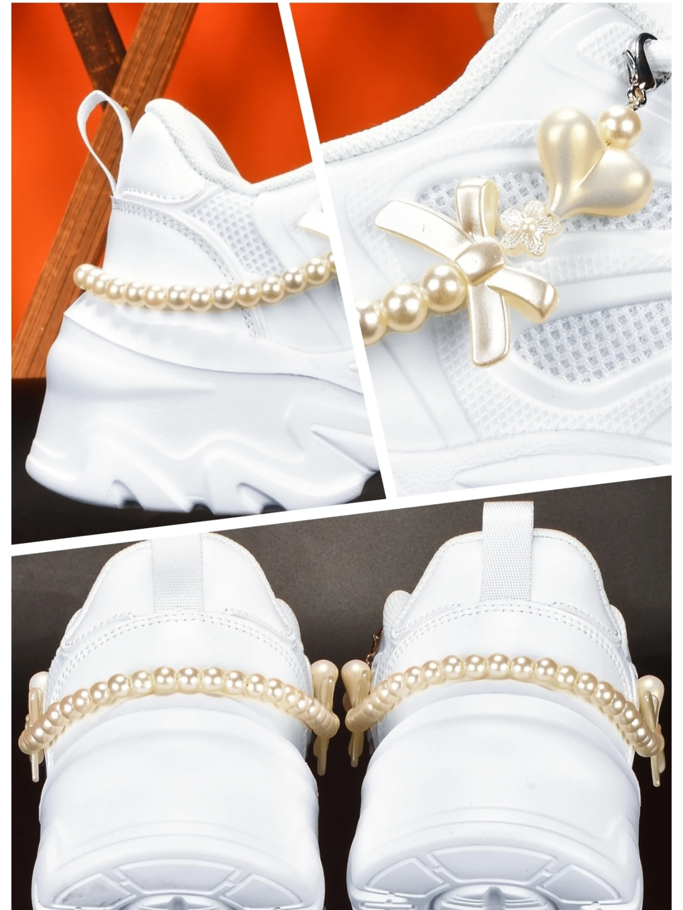 Women's Thick-Soled 5cm Height-Increasing Dad Shoes, Y2K Spicy Girl Style, Fashionable with Heart-Shaped Bow, Pearl Chain Decoration, Breathable Mesh, Eva Irregular Sole, White Casual Sneakers, Trendy for Everyday Outings, Commuting, Unique Design, Student-Friendly, Campus Versatile, Comfortable Sports Shoes for Women - view 5