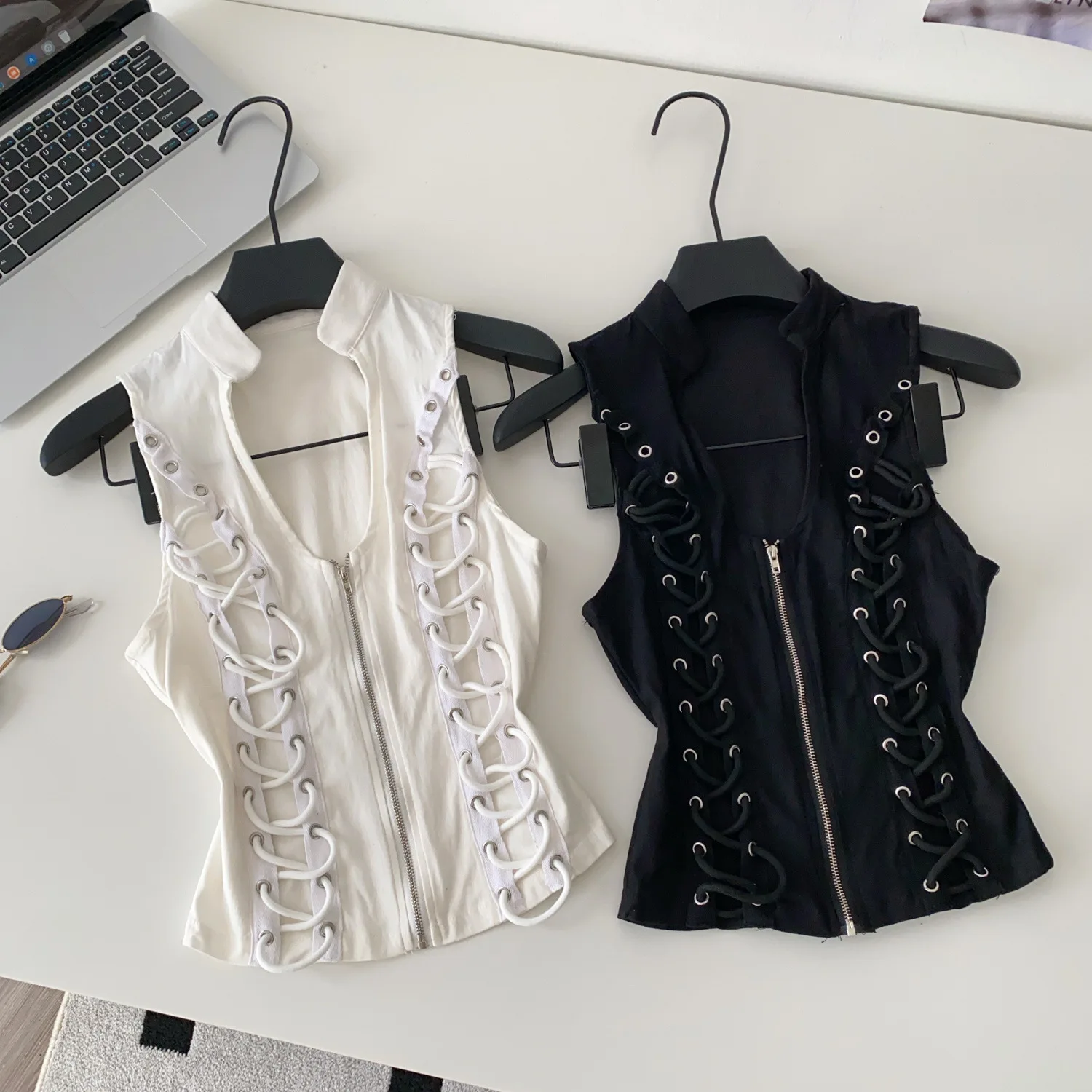 

French Temperament Ruffle Leaf Top Women's Heavy Industry Diamond-encrusted Neck Sleeveless Chiffon Shirt