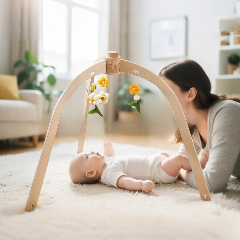 

Wooden Baby Activity Gym Montessori Toy, Newborn Pull Up Bar with Hanging Rings - Hand Eye Coordination Trainer & Walker