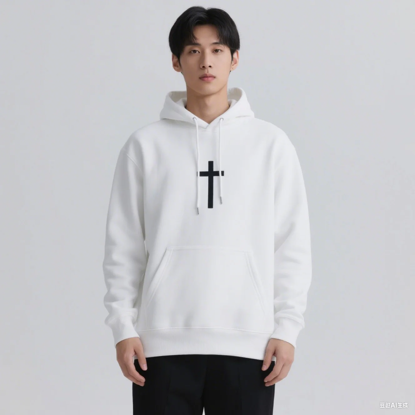 クロス柄パーカー、カジュアルな長袖プルオーバー、ドローストリングフード付き、330Gヘビーウェイトフーディスウェットシャツ