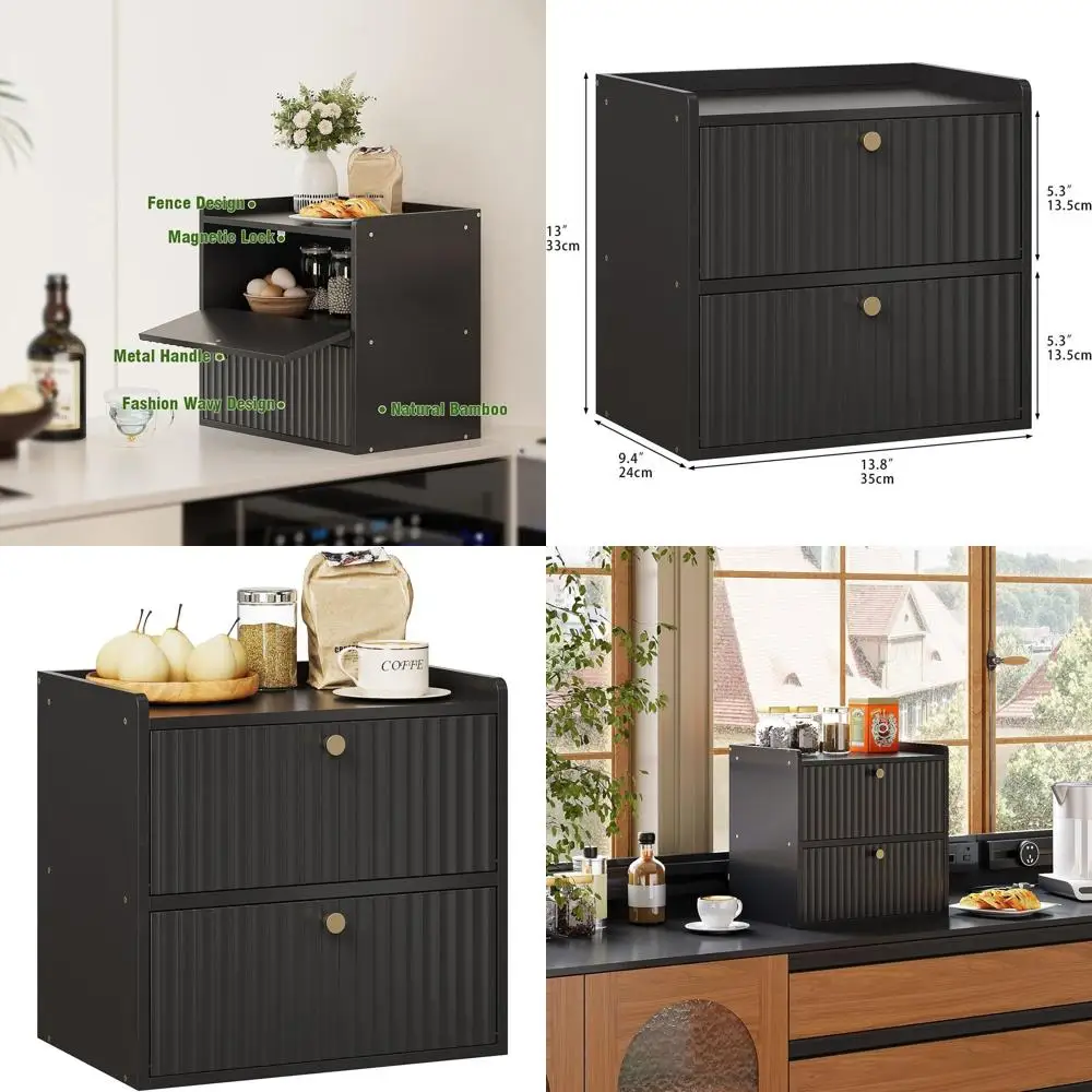 صندوق خبز كبير من الخيزران ذو طابقين - منظم تخزين سطح المطبخ على طراز المزرعة الريفية باللون الأسود #1